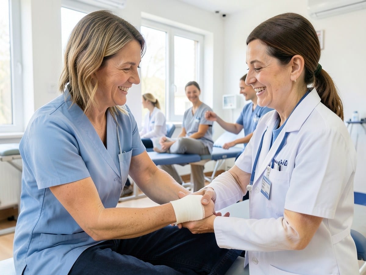 doctor sticks a bandage on a patient's arm during a medical consultation in a professional setting.