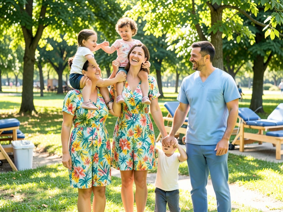 family of four, dressed in colorful attire, enjoys a sunny day in a park, with the mother carrying their child on her shoulders and the father holding them the hand.