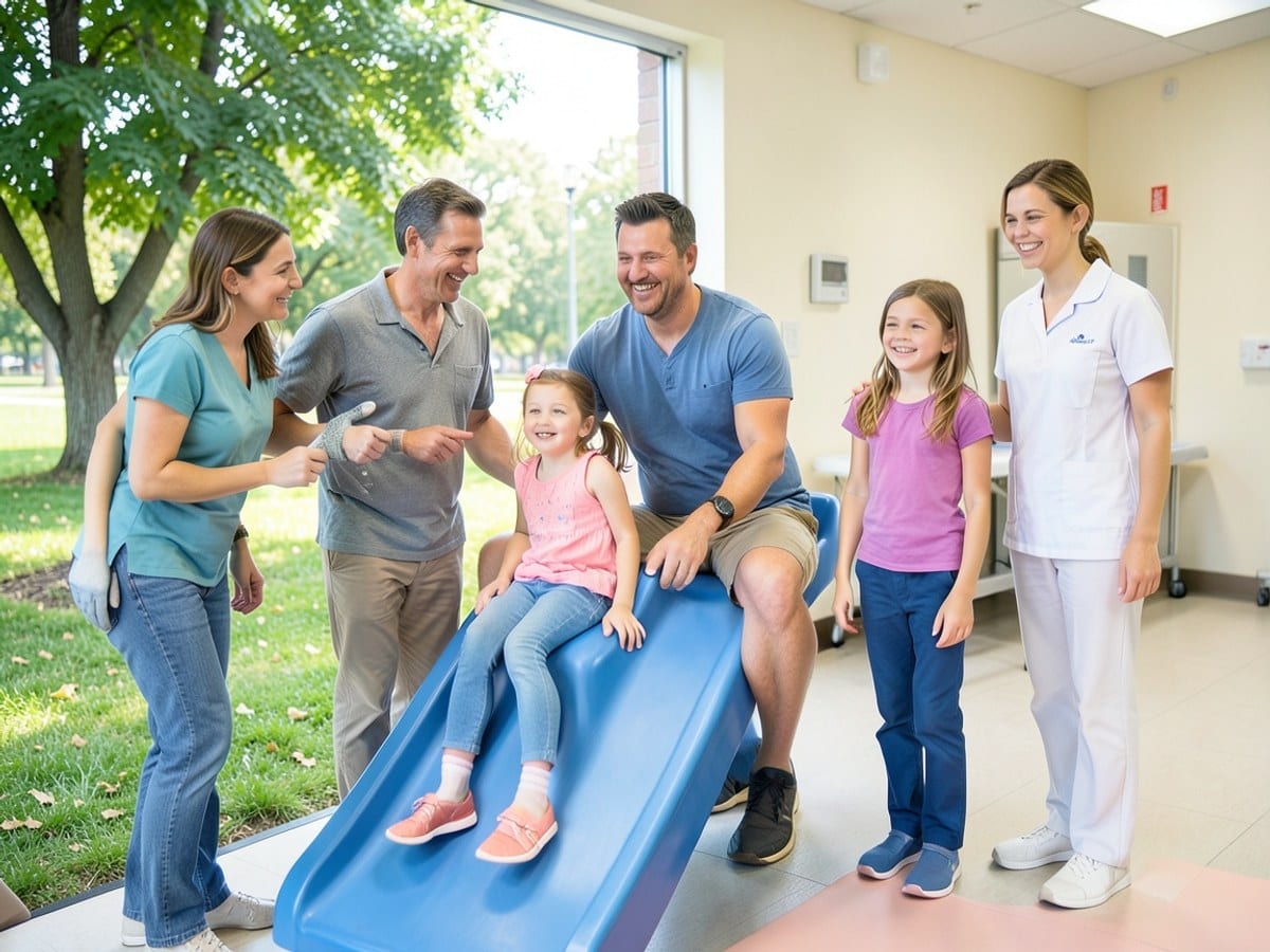 family of five, dressed casually, enjoys a park day together, with a father on a blue slide, his daughter in pink, and two sisters in purple and blue.
