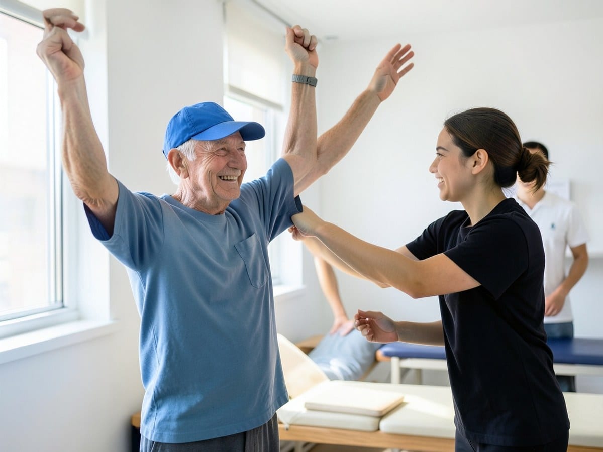 elderly man in a blue cap raises his arms, while a young woman in black offers assistance, in a softly lit room with a window and white walls.