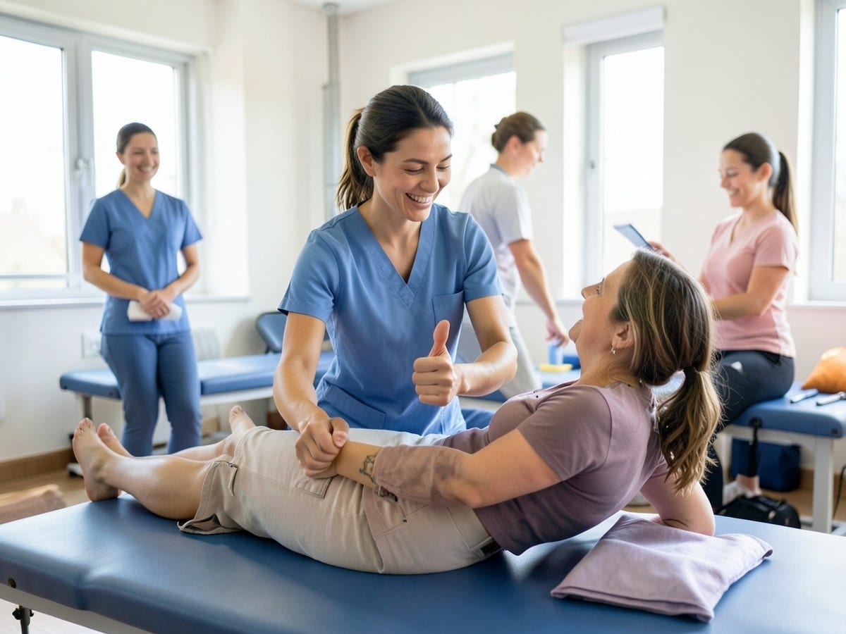 physical therapist assists a woman in stretching, offering encouragement with a thumbs-up gesture in a professional setting.