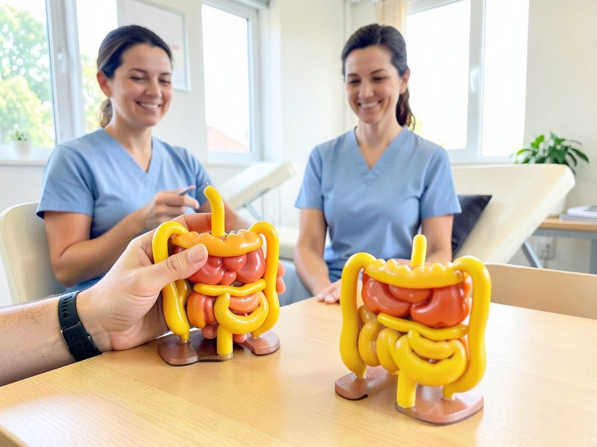 hand holds a yellow model of a digestive system, pointing to a section while seated at a wooden table with a second similar model.
