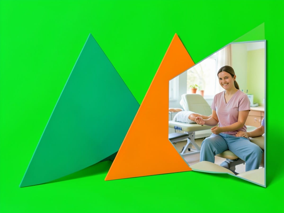 Two triangles, one green and one orange, meet at a straight angle against a solid green background.