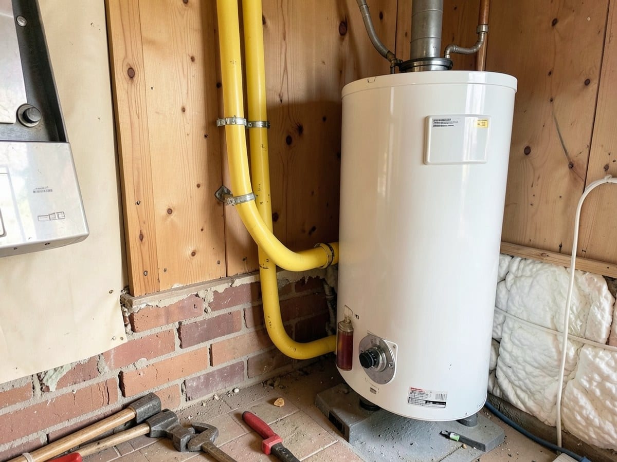 yellow flexible gas pipe is visible, twisting near a white water heater in a room with wooden walls, brick foundation, and insulation