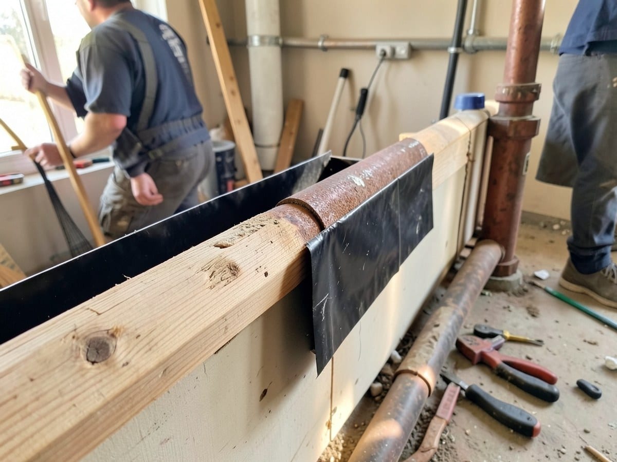 wooden beam with a rusted copper pipe and a black plastic sheet is part of a construction or renovation project, with additional pipes and materials visible in the background
