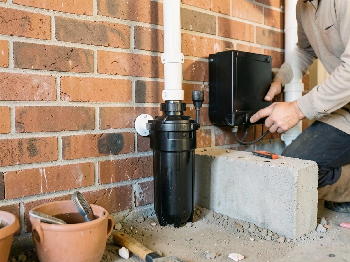 black water filter, connected by a white pipe, is installed against a red brick wall, accompanied by a black electrical box and a gray concrete block