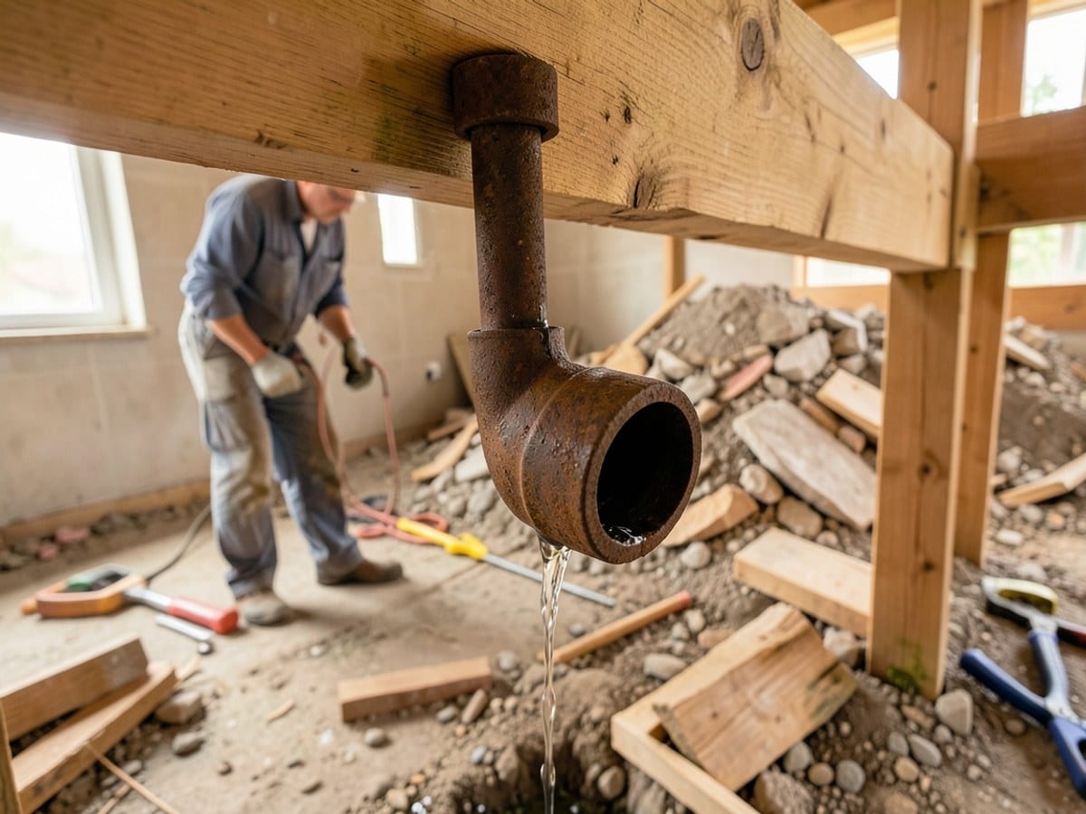 rusted pipe with water leaking from one end is suspended from a wooden beam in a construction site, surrounded by debris