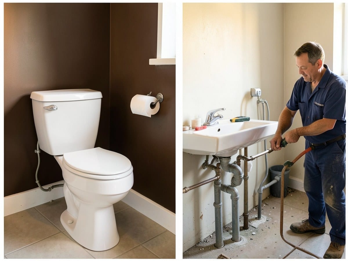 diptych showcases a pristine white toilet and sink in separate bathroom scenes, with a brown wall and white toilet paper adding contrast