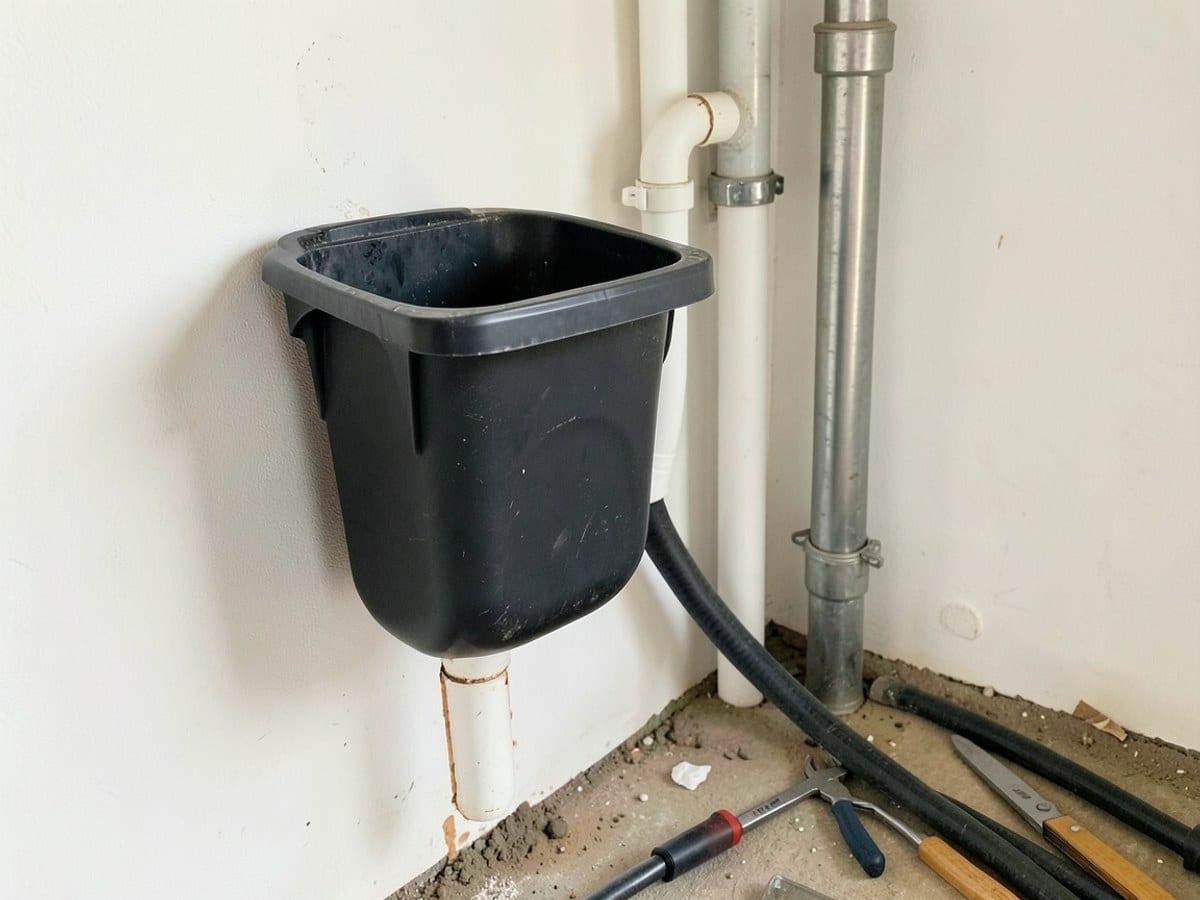 black garbage disposal with a white hose is mounted on a white wall, accompanied by a silver pipe and black hose