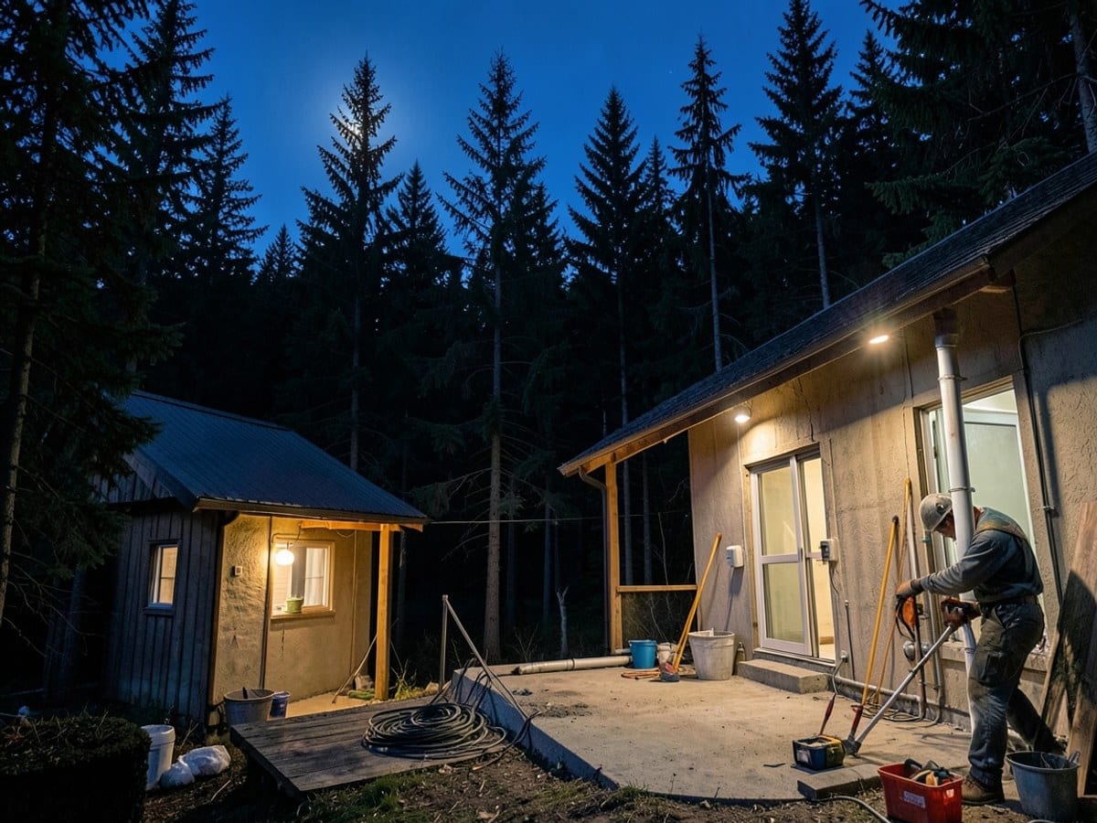 dense forest of coniferous trees, illuminated by soft moonlight, creates a tranquil and mystical atmosphere against a deep blue night sky