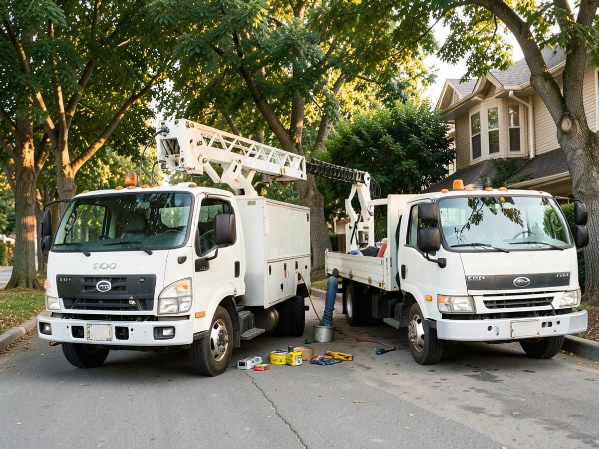 Two white service trucks, one with a ladder and the other with a flatbed, are parked on a street lined with trees, accompanied by a building in the background