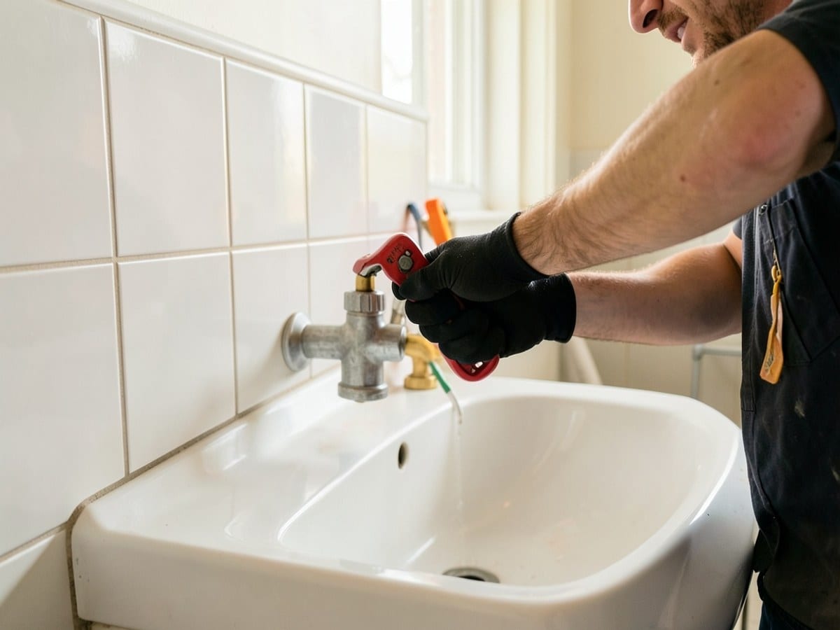 plumber, wearing black gloves, uses a red pipe wrench to tighten a silver pipe on a white sink, surrounded by white tiles