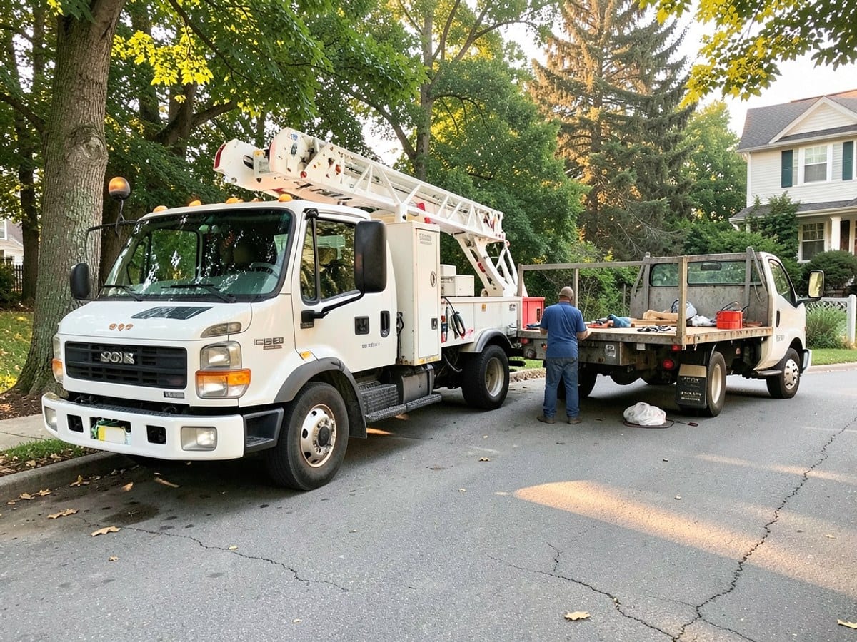 Two white service trucks, one with a ladder and the other with a flatbed, are parked on a street lined with trees, accompanied by a building in the background