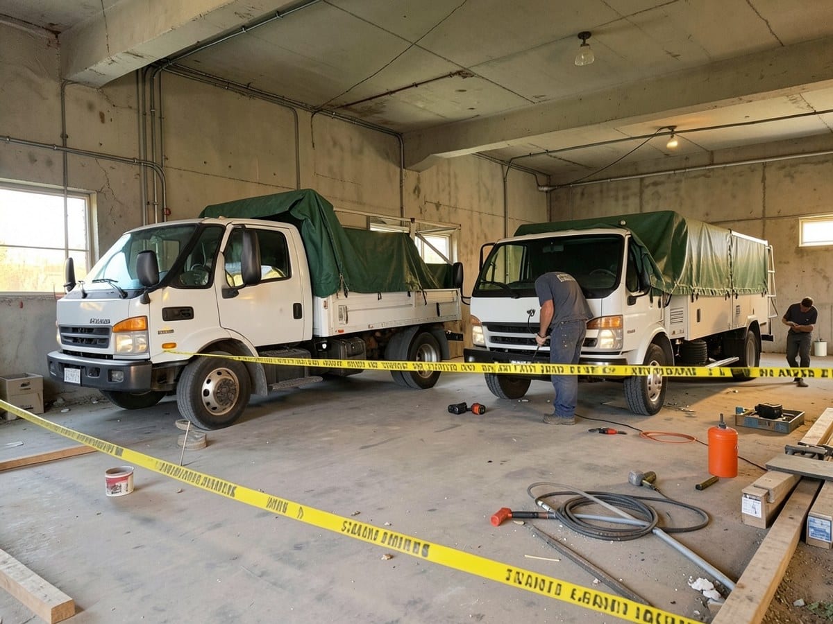Three white service trucks, including a utility truck with a green tarp, are parked in a concrete warehouse with a yellow caution tape and construction materials on the floor