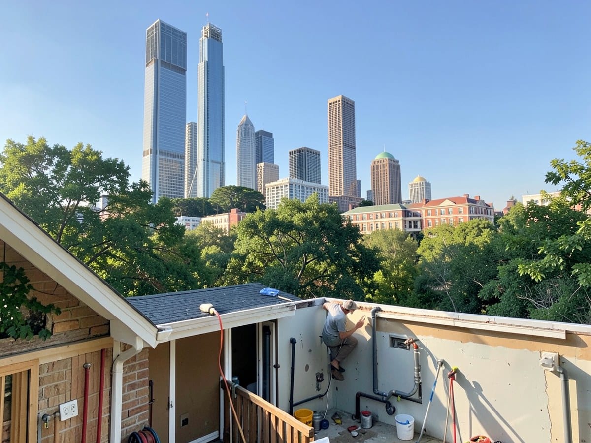 Atlanta's skyline combines modern skyscrapers and traditional architecture, set against a clear blue sky and lush green trees