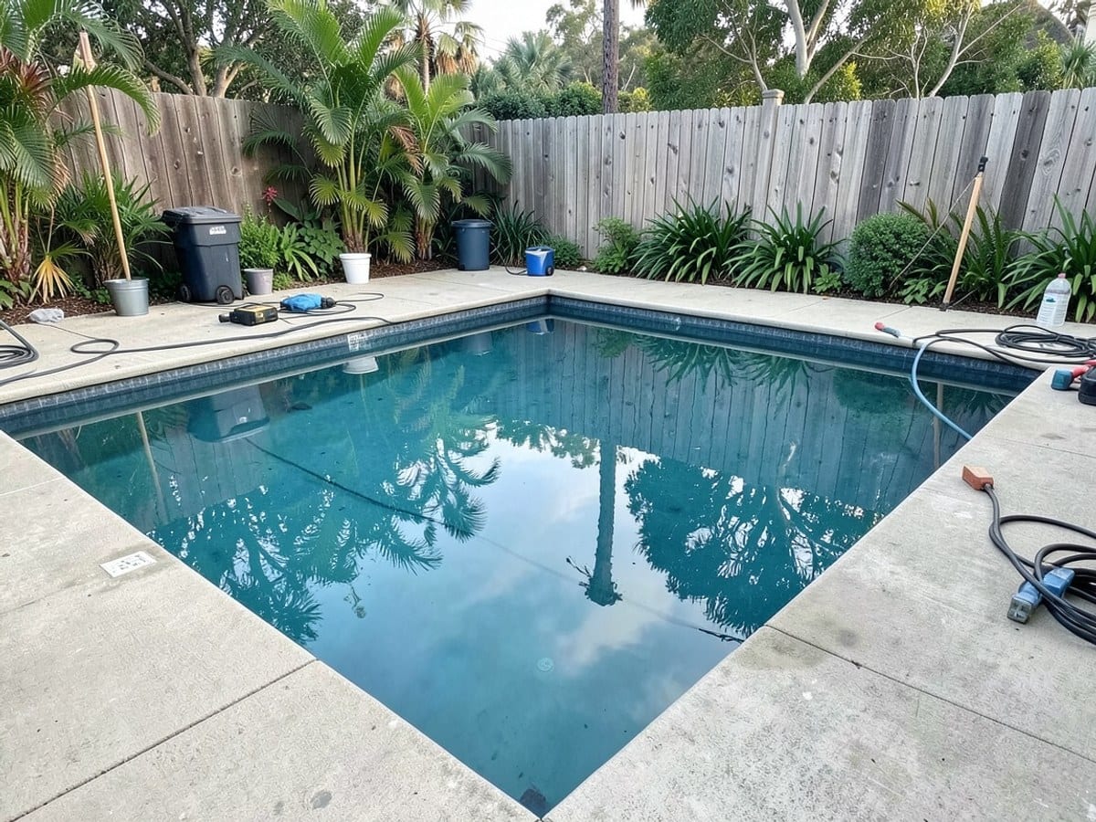 rectangular swimming pool, surrounded by a concrete deck and tropical plants, reflects the clear water with a wooden fence in the background.