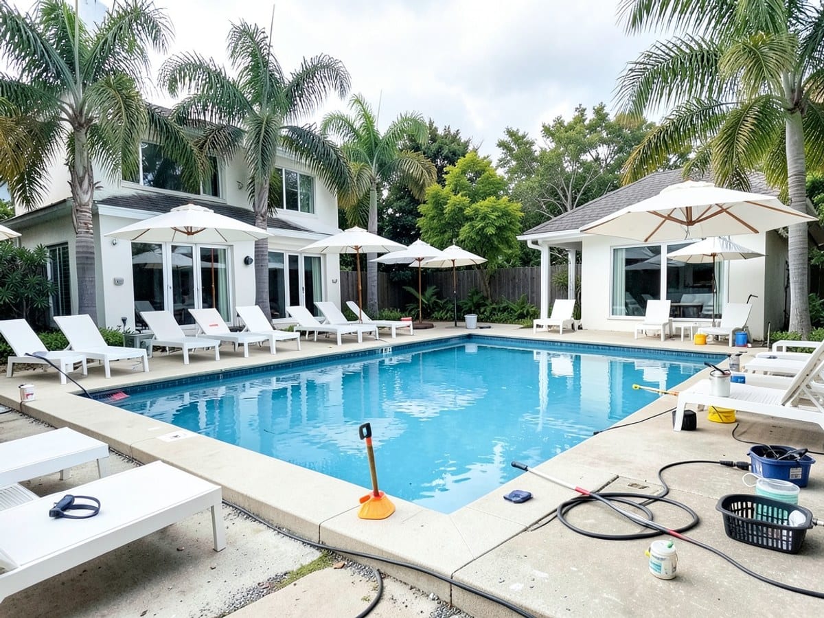 rectangular swimming pool, surrounded by white lounge chairs and umbrellas, is situated near a white building with large windows and green palm trees.