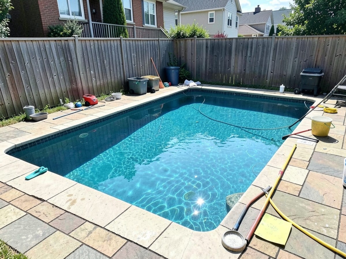rectangular swimming pool, surrounded by a stone patio and wooden fence, features clear blue water, reflecting the bright sunlight.