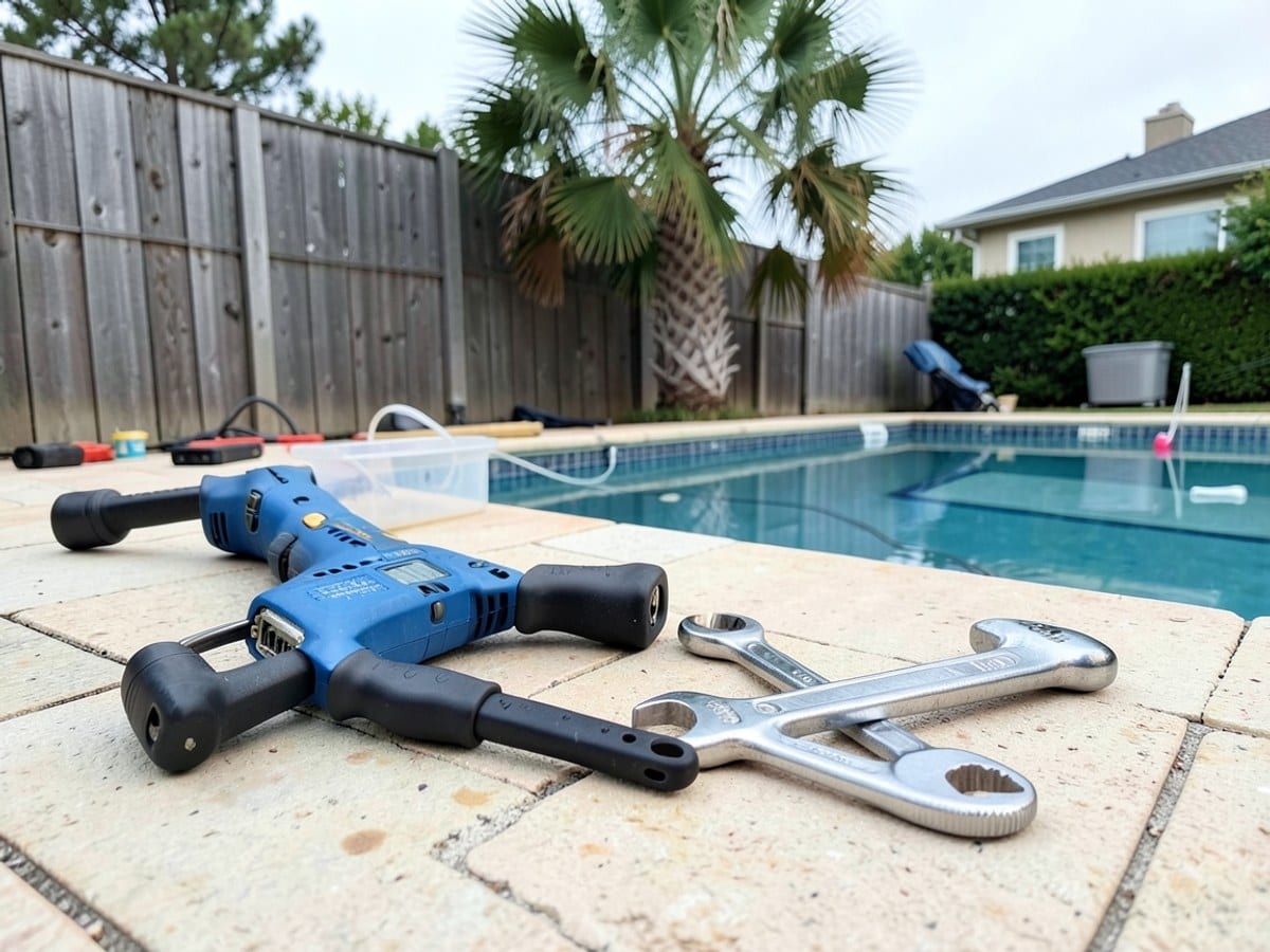 blue and black drill and silver wrench rest on a light-colored stone patio, with a wooden fence and palm tree in the background.