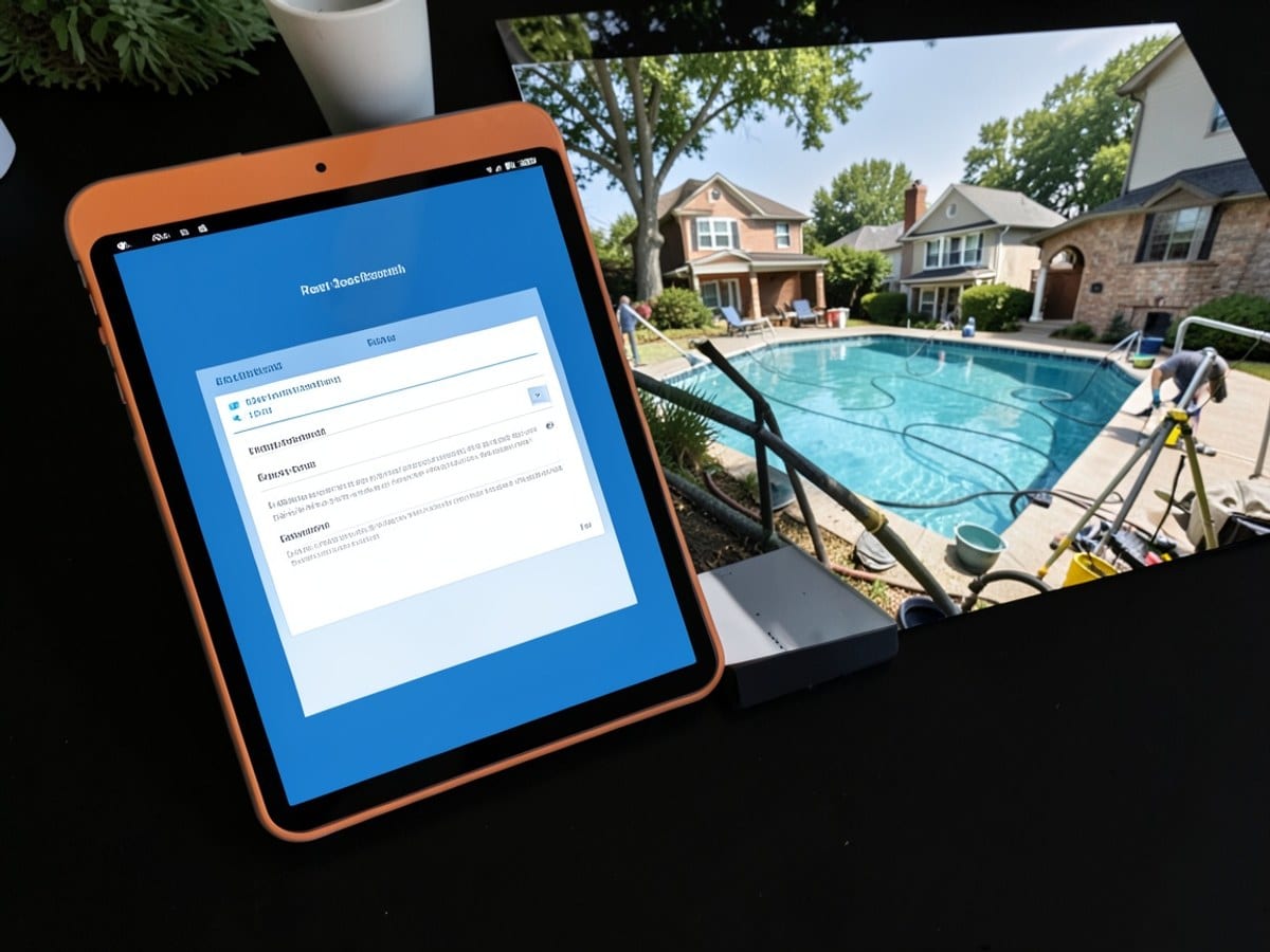 tablet displays a pool reservation form on a blue background, with an orange and gray iPad positioned nearby, all on a black surface.