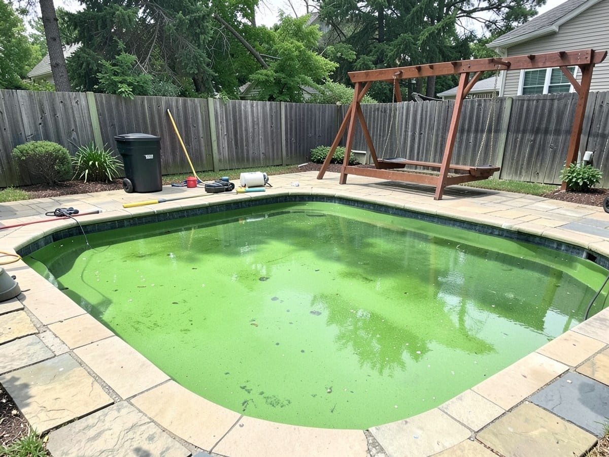 backyard pool with green algae covers the surface, accompanied by a stone patio, black trash can, and a wooden swing set.