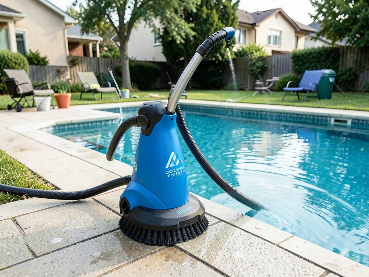 blue and black robotic pool cleaner, with the client's branding stands on poolside, equipped with a brush and hose, ready to clean the pool.