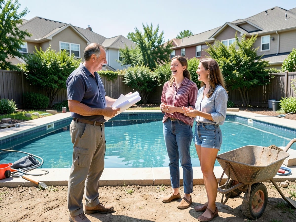 construction worker, holding blueprints, converses with a happy couple on a sunny day, their backyard under renovation with a swimming pool and wheelbarrow nearby.