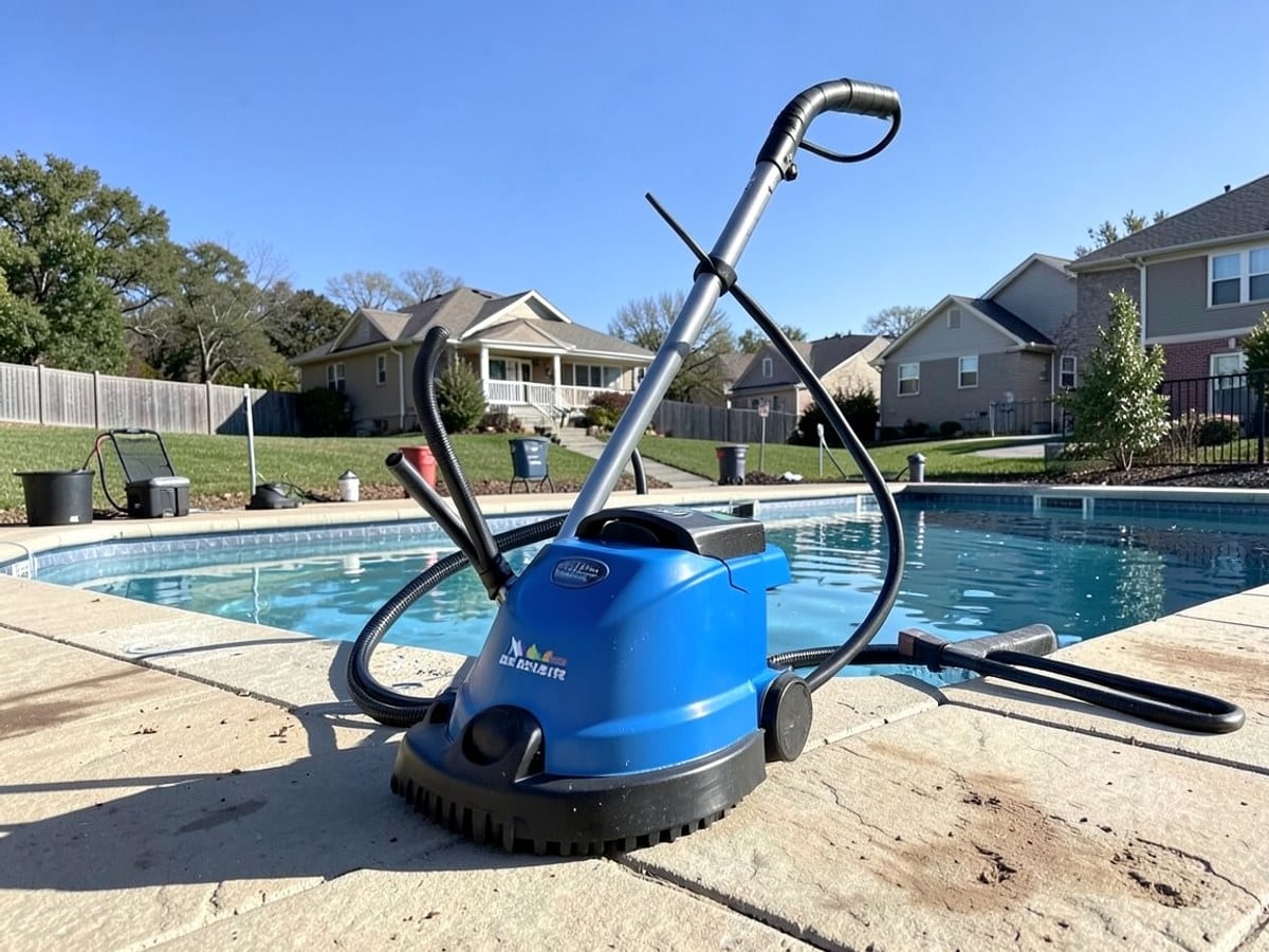blue and black pool vacuum cleaner, with the client's branding is positioned on a pool deck, ready for use against a clear blue sky.