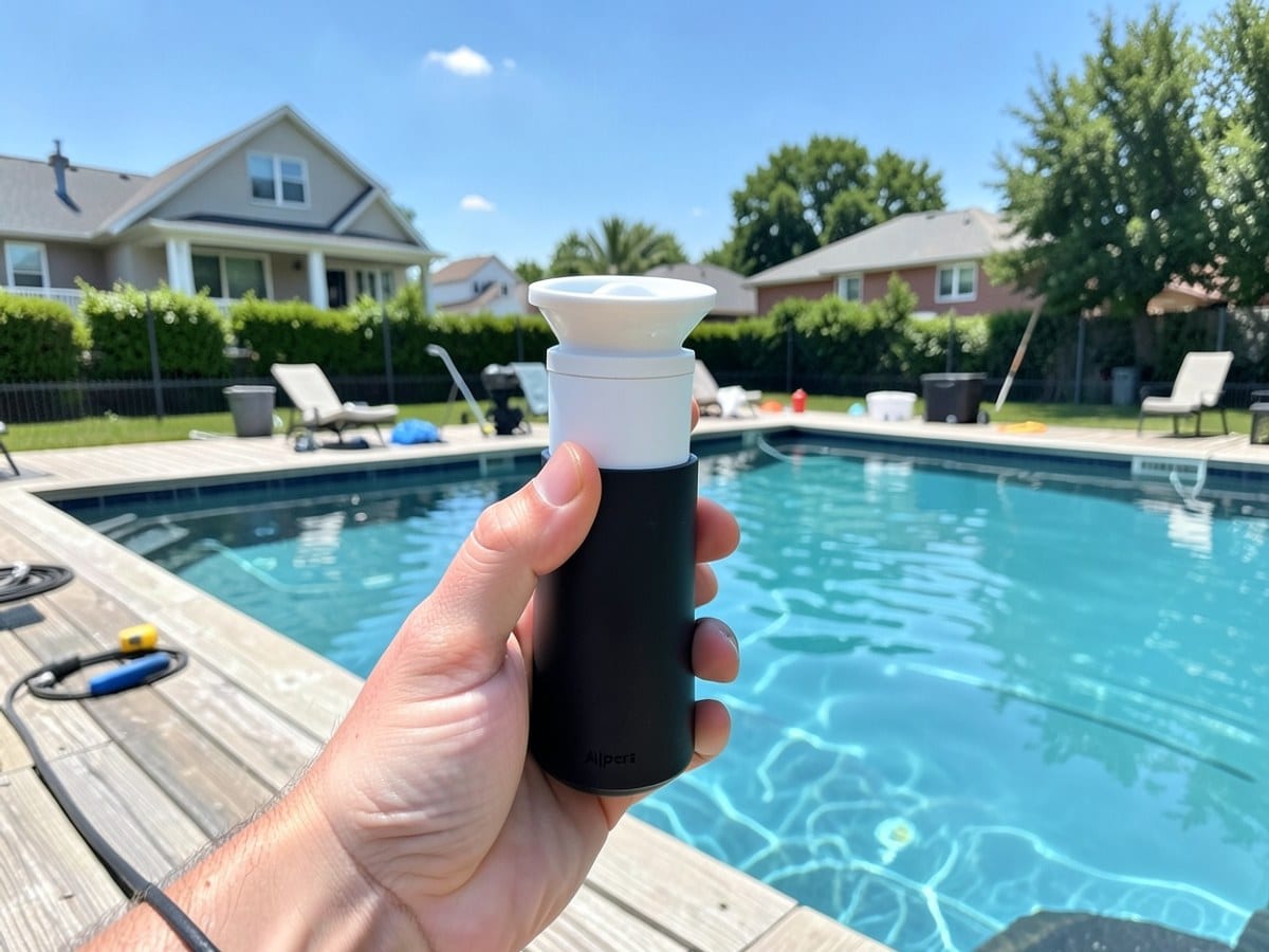 hand holds an Aipet robot with a black body and white handle, equipped with a suction cup, over a swimming pool with a wooden deck and blue sky.