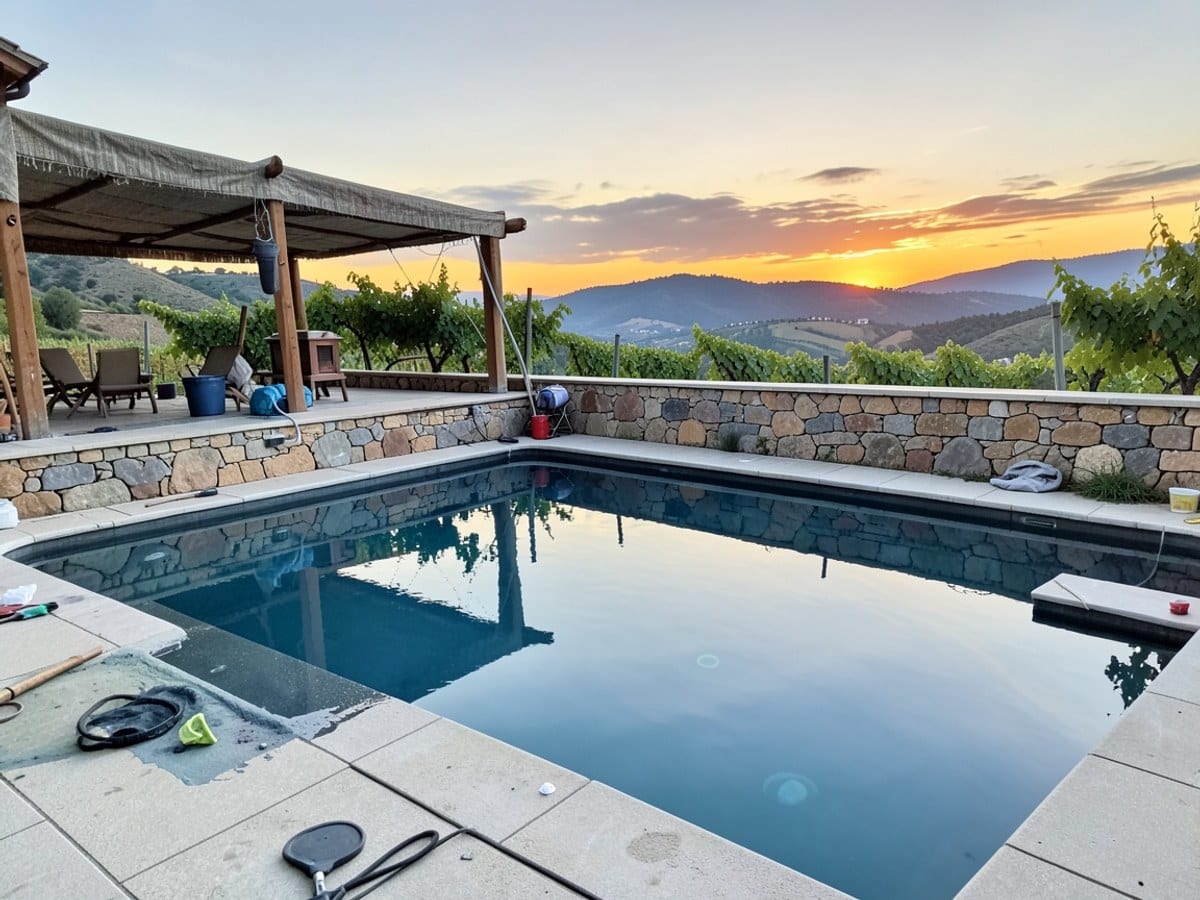 infinity pool, surrounded by a stone wall and cabana, reflects the sunset sky over rolling hills and vineyards in the wine region.