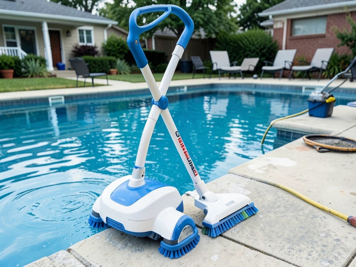 white and blue robot pool cleaner, equipped with a handle and scrubbers, stands on a pool's edge, ready to clean the blue water.