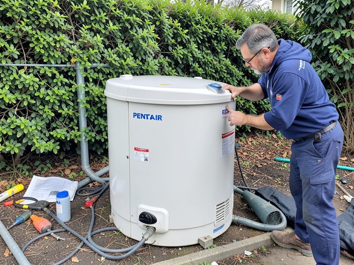man in blue inspects a white PENTAIR pool heater, adorned with blue and red stickers, against a green hedge backdrop.
