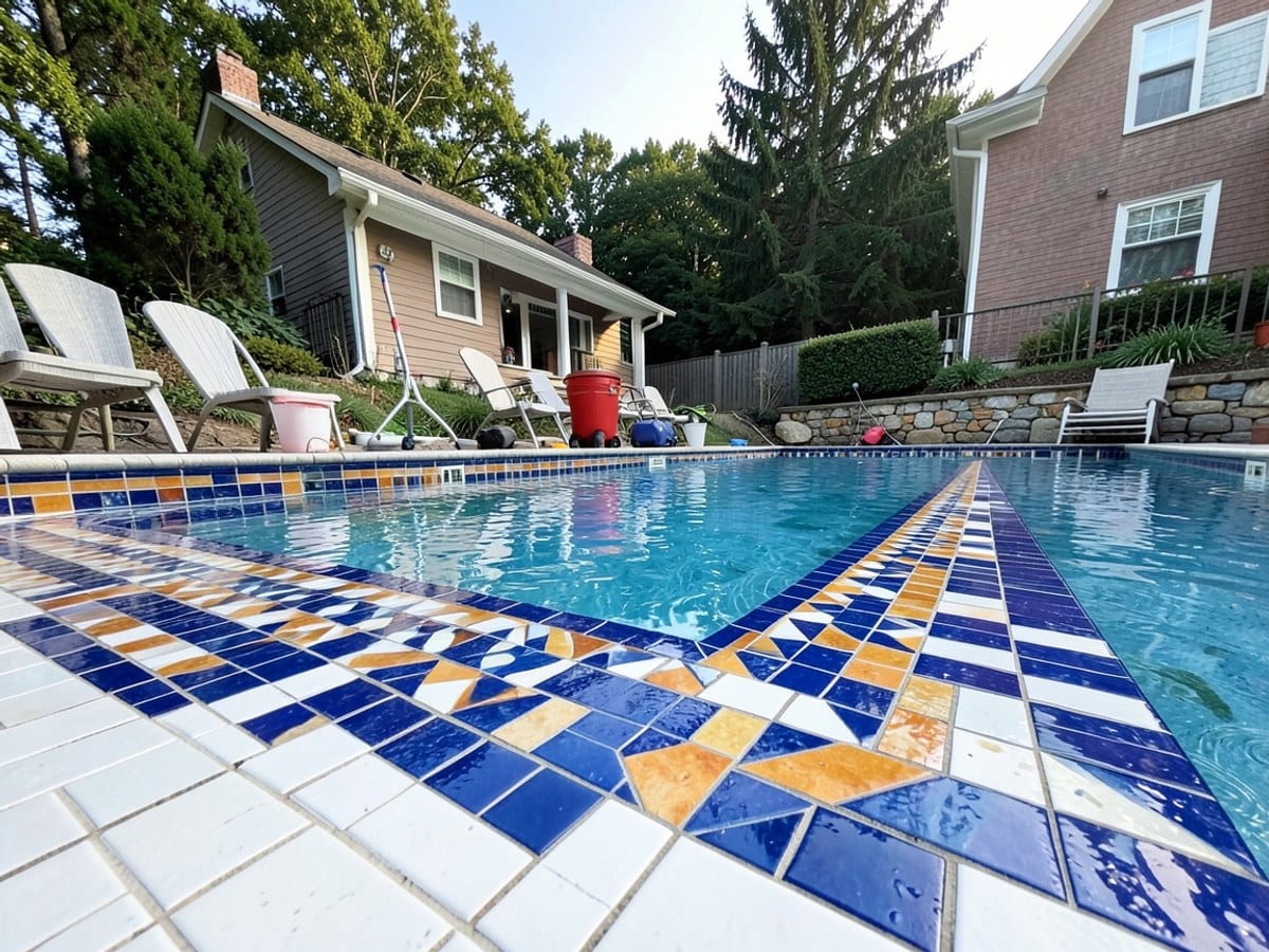 blue and white mosaic-tiled pool deck, viewed from a low angle, showcases intricate patterns and warm hues against a white tiled pool deck.