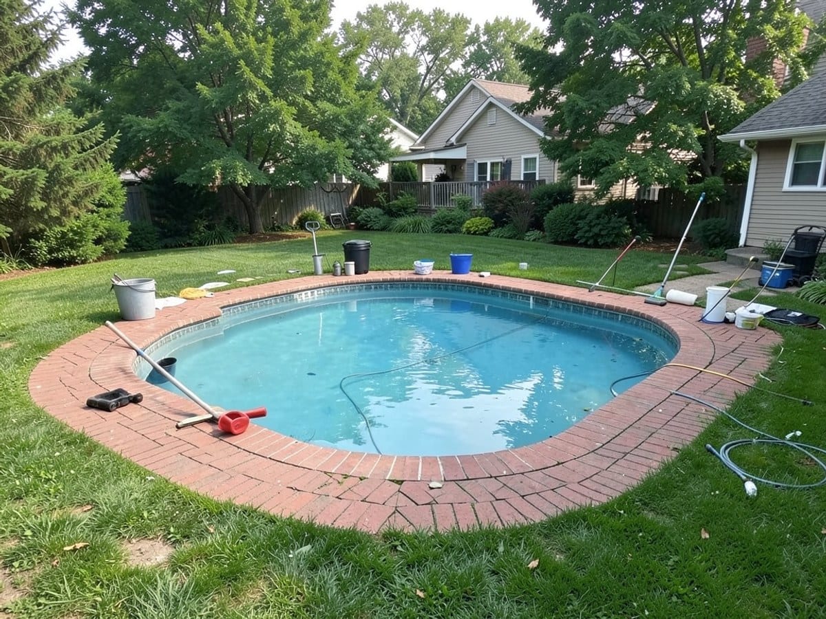 kidney-shaped swimming pool, surrounded by a red brick patio and lush green lawn, is set amidst a well-maintained backyard with a house and trees.