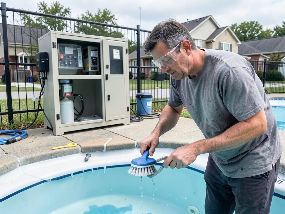 man cleans a pool filter using a brush, wearing safety glasses and a gray shirt, with a pool equipment cabinet and safety fence in the background.