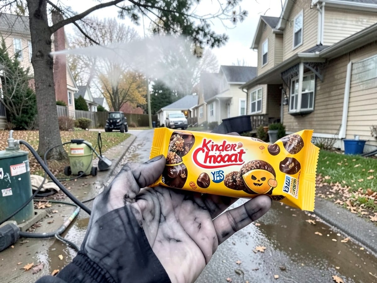 Halloween-themed advertisement for Kinder Chocolat features the client's branding and "YES", accompanied by a ghostly hand holding a Kinder Bueno bar.