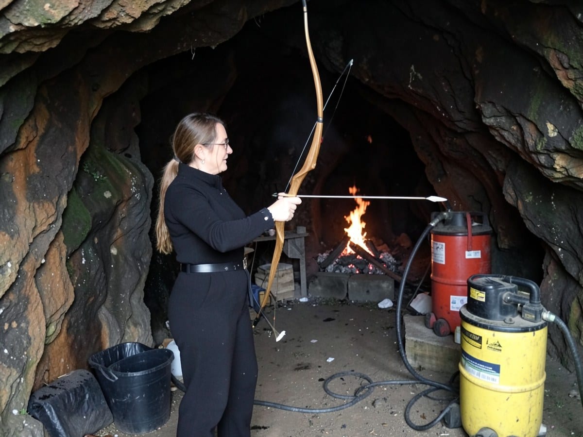 woman in black, holding a bow and arrow, stands ready in a dimly lit cave with a fire burning in the background.