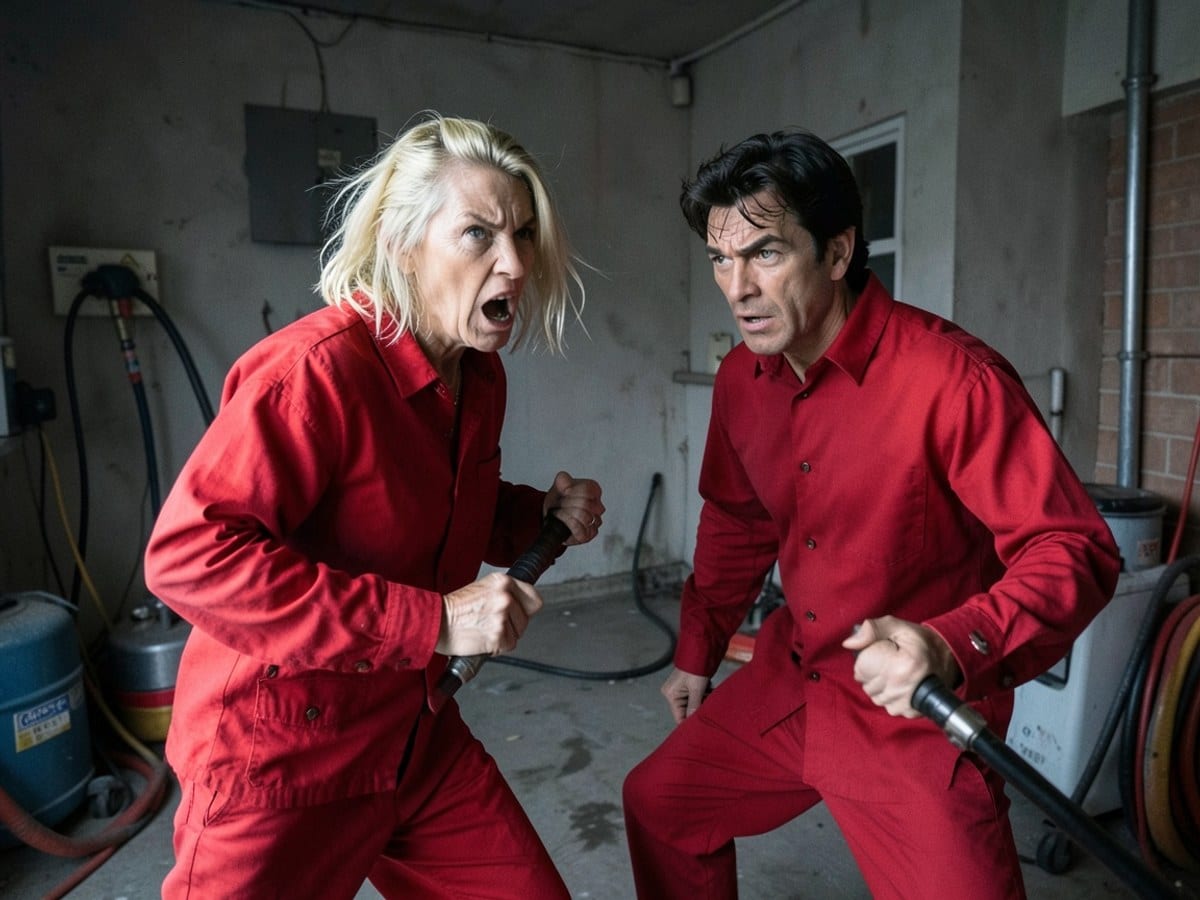 Two actors in red fighting stances, one with blonde hair and the other with dark hair, display intense expressions in a dimly lit room.