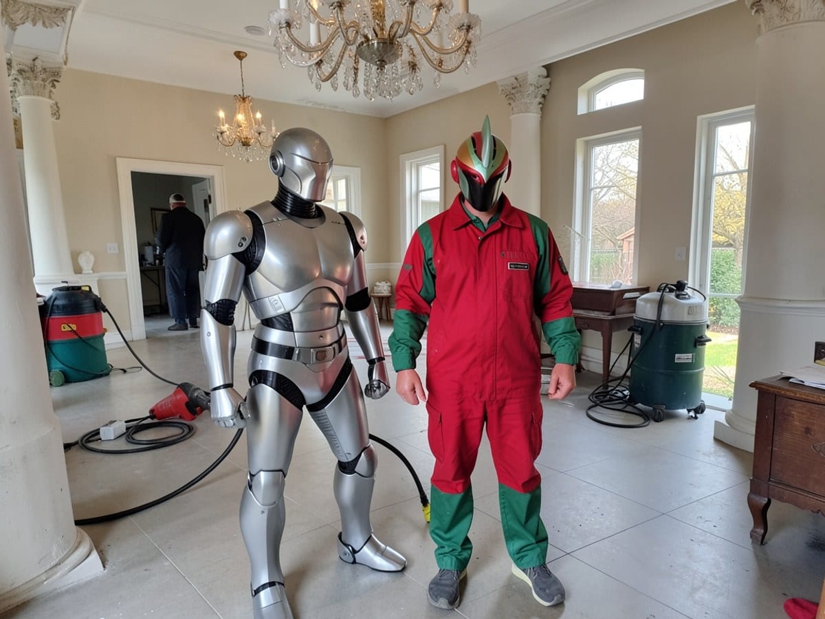Two characters, one in a silver robot suit and the other in a red and green suit with a unique headpiece, stand in a grand room with chandeliers.