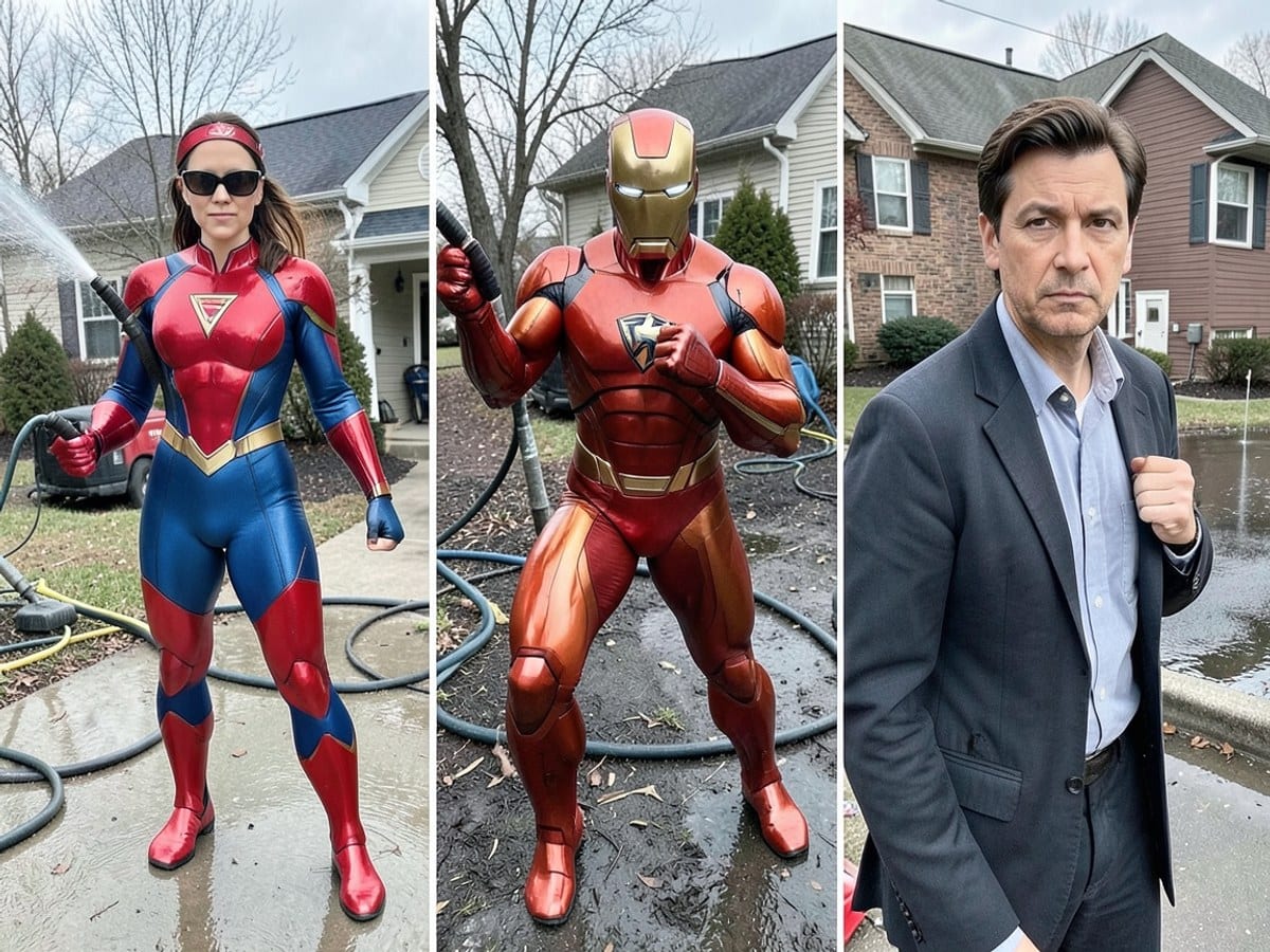 triptych features characters from "Captain Marvel" with distinct costumes, "Iron Man" in a fighting stance, and "House" with a serious expression.
