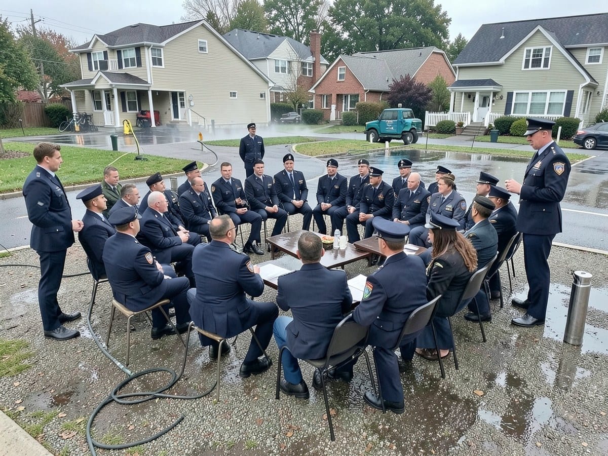 formal gathering of military personnel in uniform, seated and standing, occupies the center of a formal meeting space, suggesting a serious discussion or presentation.