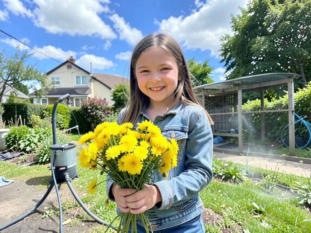 young girl, dressed casually and smiling, holds a bunch of yellow flowers in a garden setting, with a blue sky and clouds in the background.