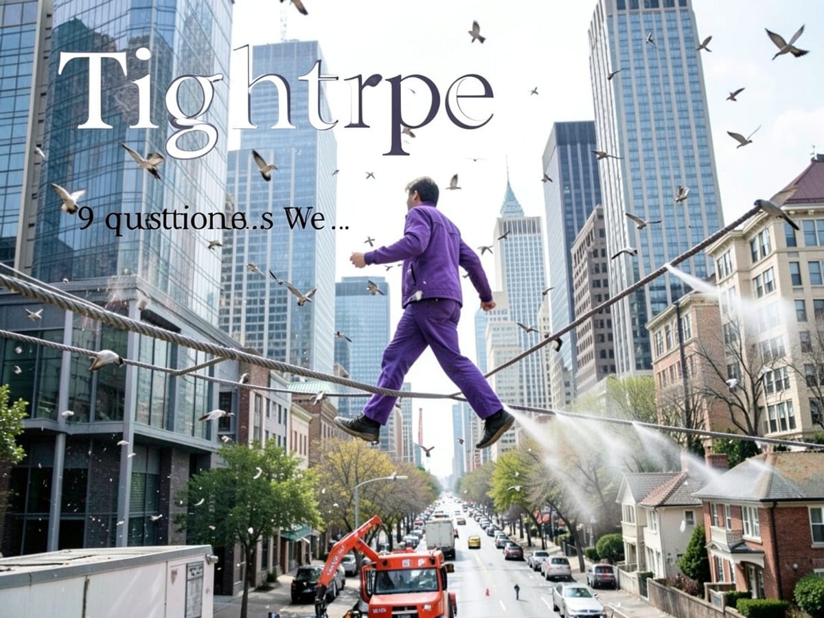 purple figure walks on a tightrope in a cityscape, surrounded by birds and skyscapes, with the title "Tightrope" and subtitle "9 questions.