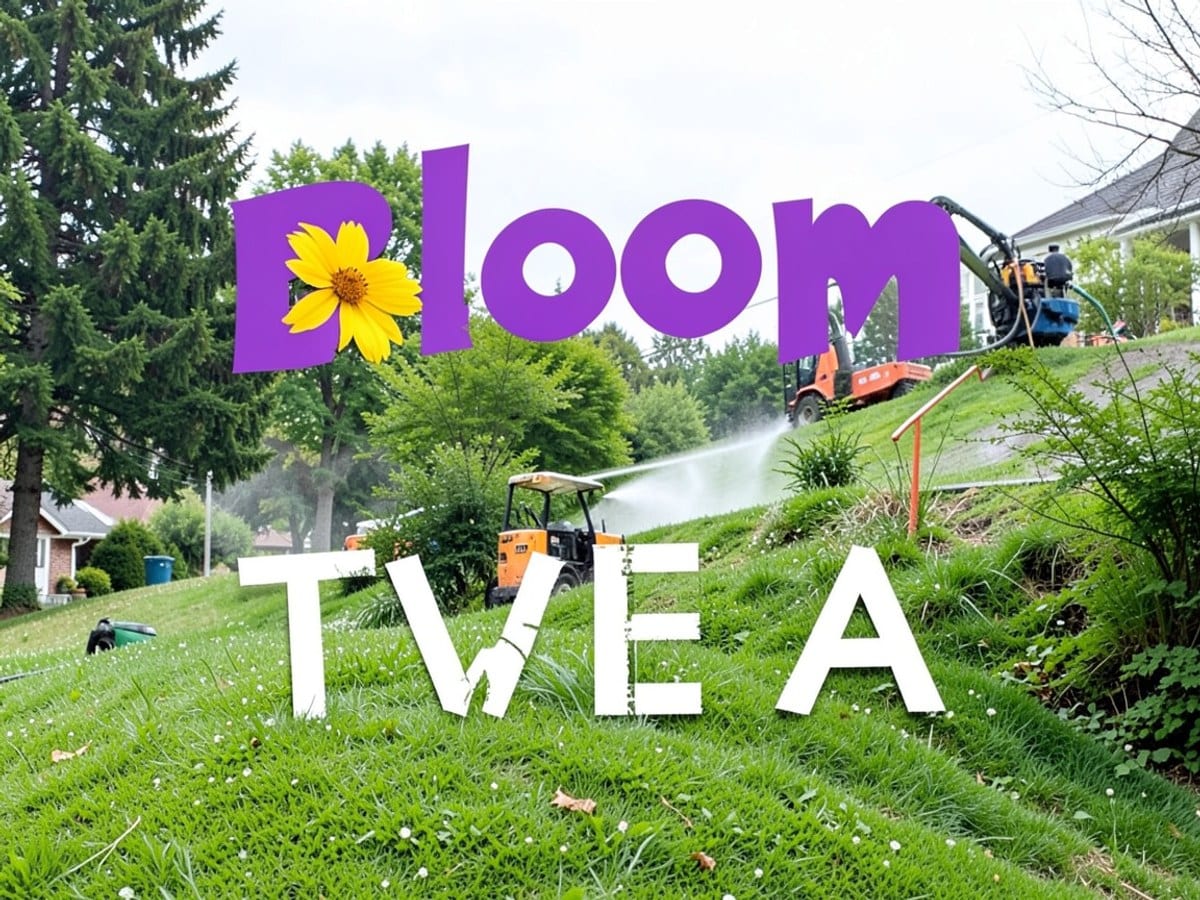purple title "Bloom" with a yellow flower and a crossword puzzle with four white letters spelling "TWEA" on a lush green hill apparel.