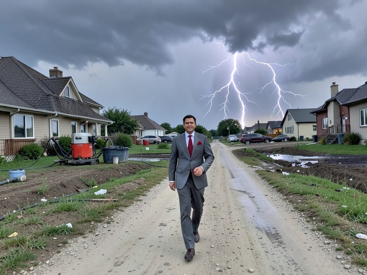 man in a gray suit and red pocket square walks down a dirt road, backed by a stormy sky and lightning bolts.