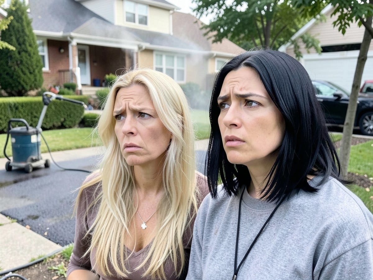 Two women in a movie scene, one with blonde hair and the other with black hair, gaze into the distance with concerned expressions.