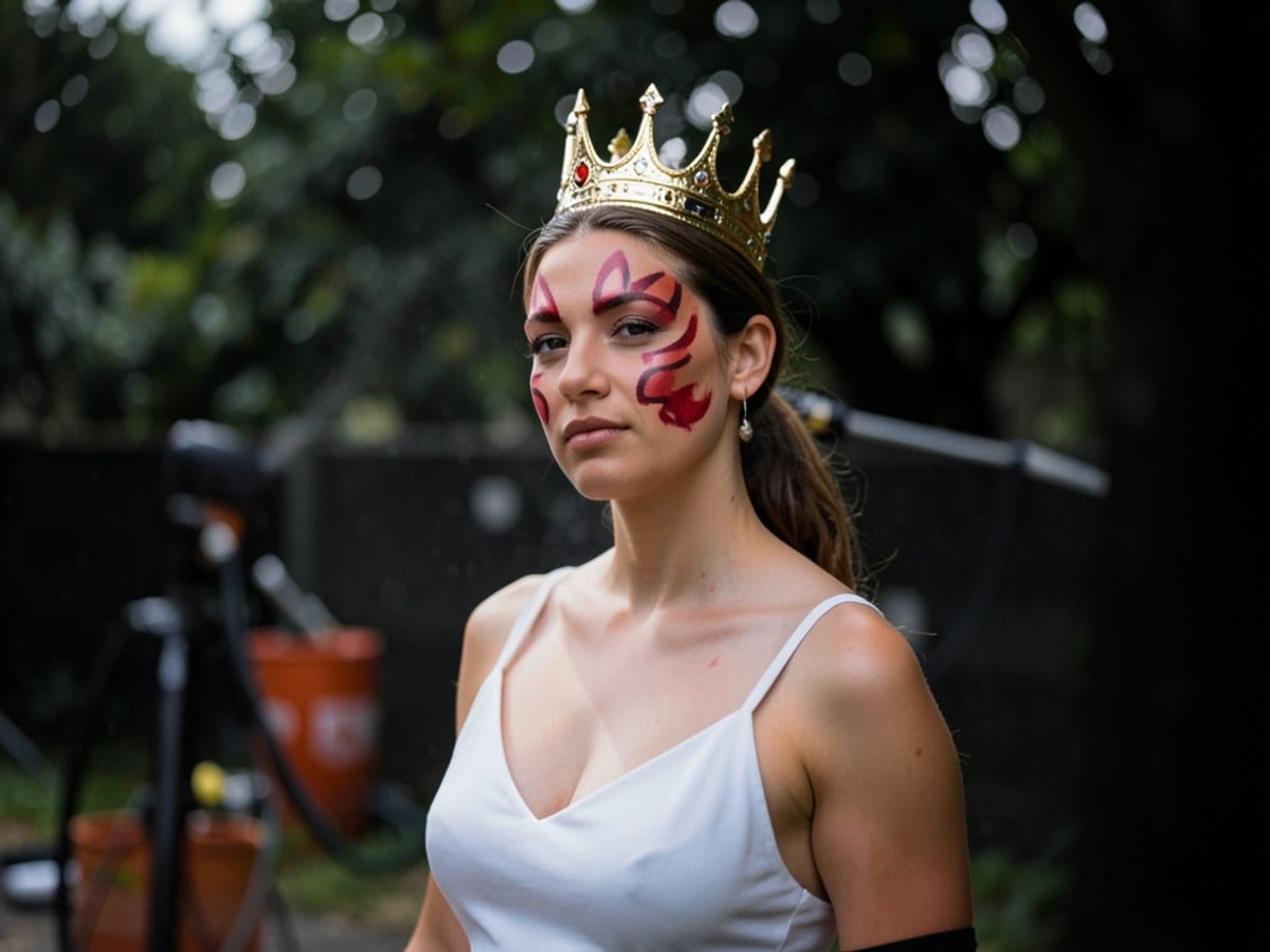 young woman with a red face paint design and a gold crown wears a dramatic pose against a dark, bokeh-filled background.