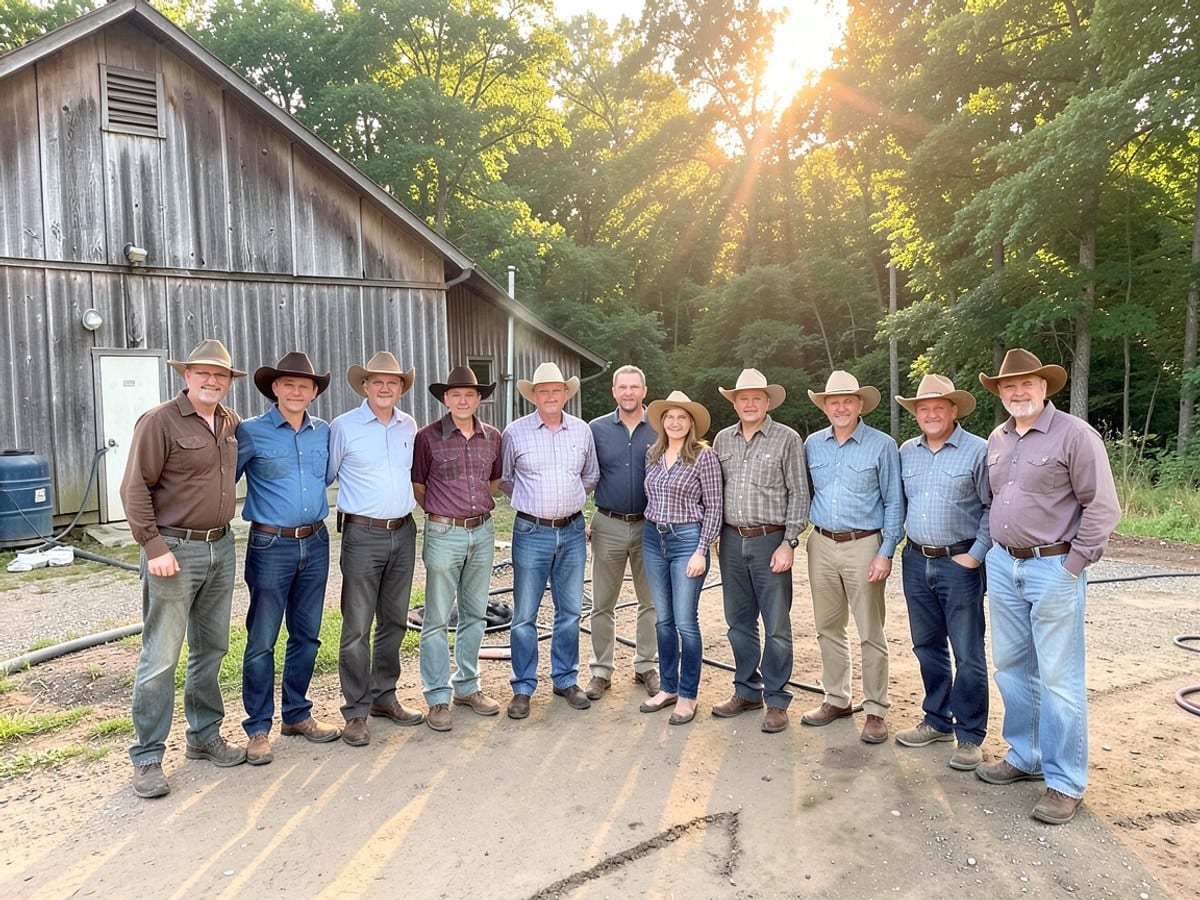 group of 11 individuals, dressed in western attire and cowboy hats, pose in front of a barn and dirt road, with a backdrop of lush trees and golden sunlight.