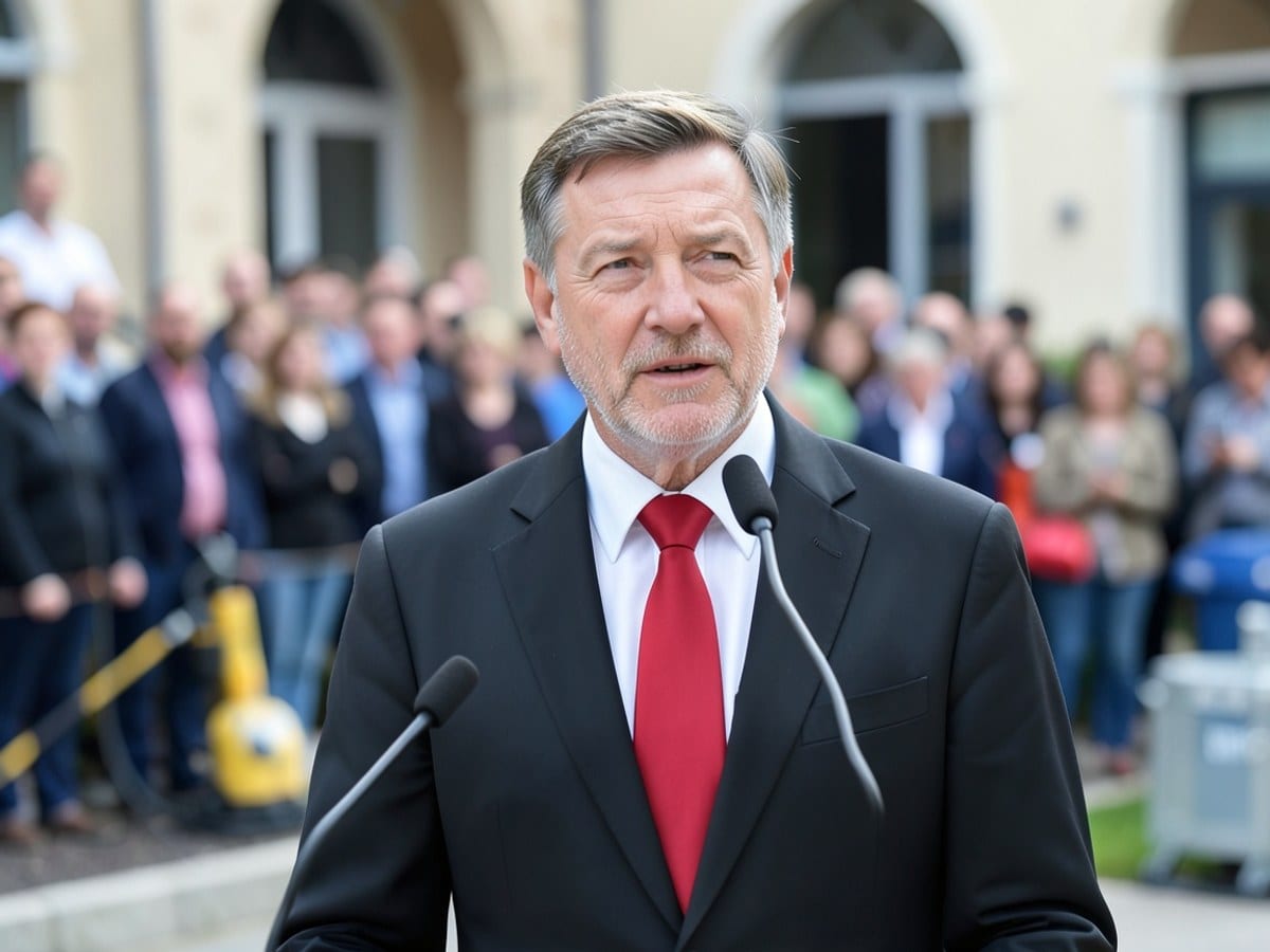man in a black suit and red tie speaks in front of a microphone, with a blurred audience and architectural details in the background.