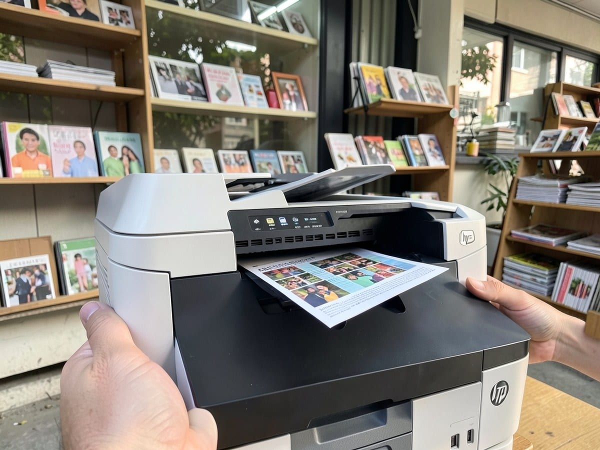 white and gray HP printer with a black top tray displays a colorful document on its front tray against a black background.